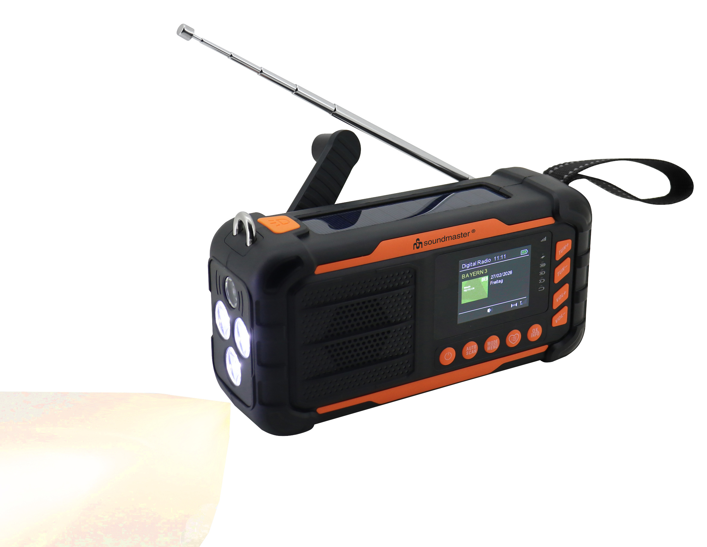 DAB+/UKW emergency digital radio with built-in Li-Ion battery, solar panel/dynamo, LED lights and Bluetooth®