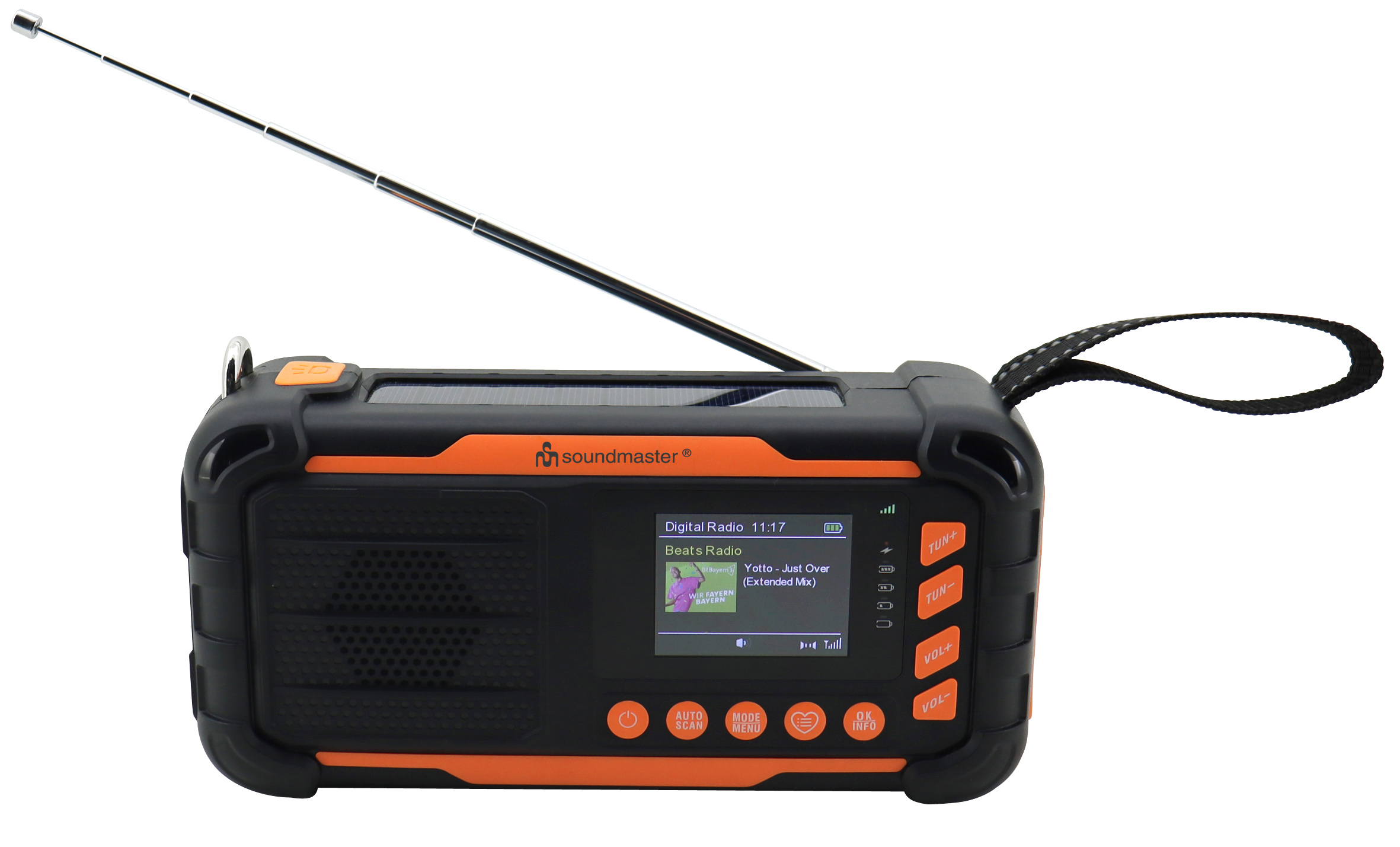 DAB+/UKW emergency digital radio with built-in Li-Ion battery, solar panel/dynamo, LED lights and Bluetooth®