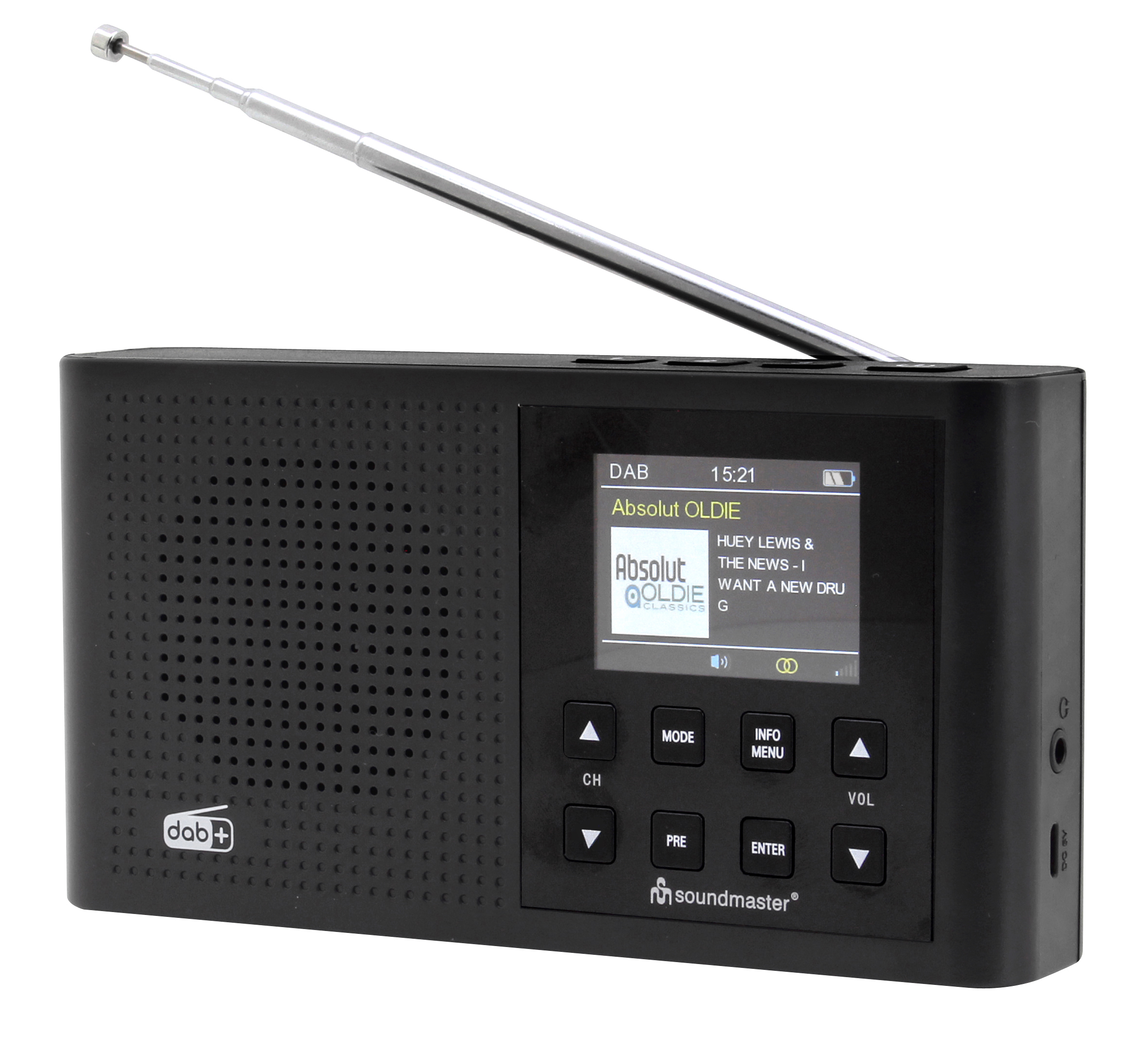 DAB+/ FM radio with rechargeable Li-Ion battery, preset buttons