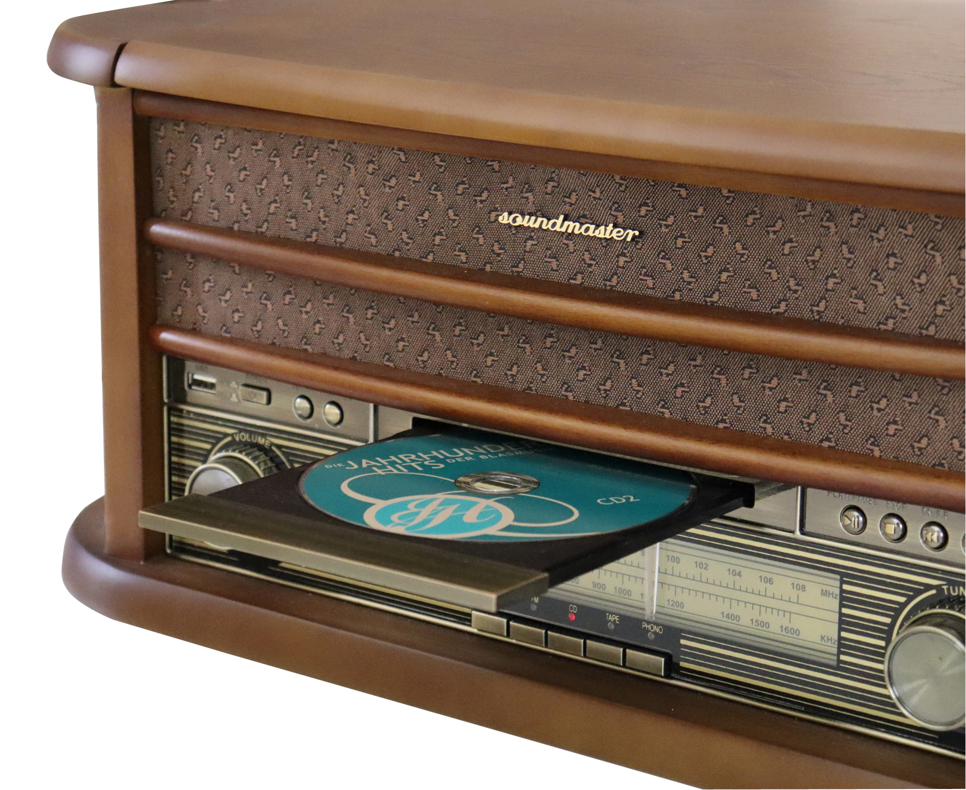 Nostalgic stereo system with FM radio, turntable, CD/MP3, USB, encoding, cassette, Bluetooth®