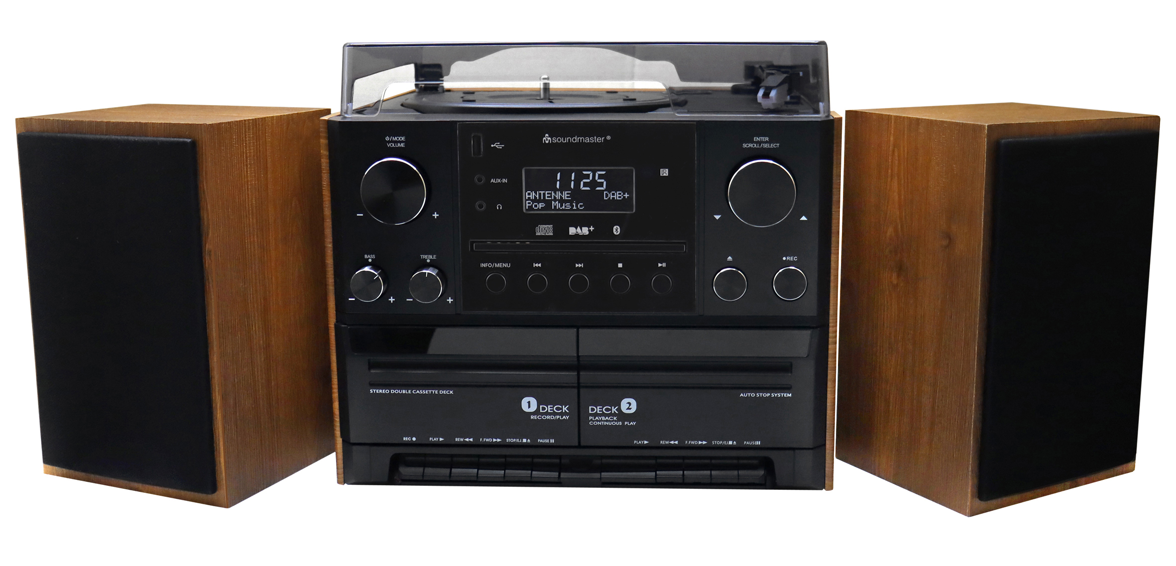 Stereo music centre with DAB+/FM radio, CD/MP3, turntable, double cassette, USB, Bluetooth®, encoding