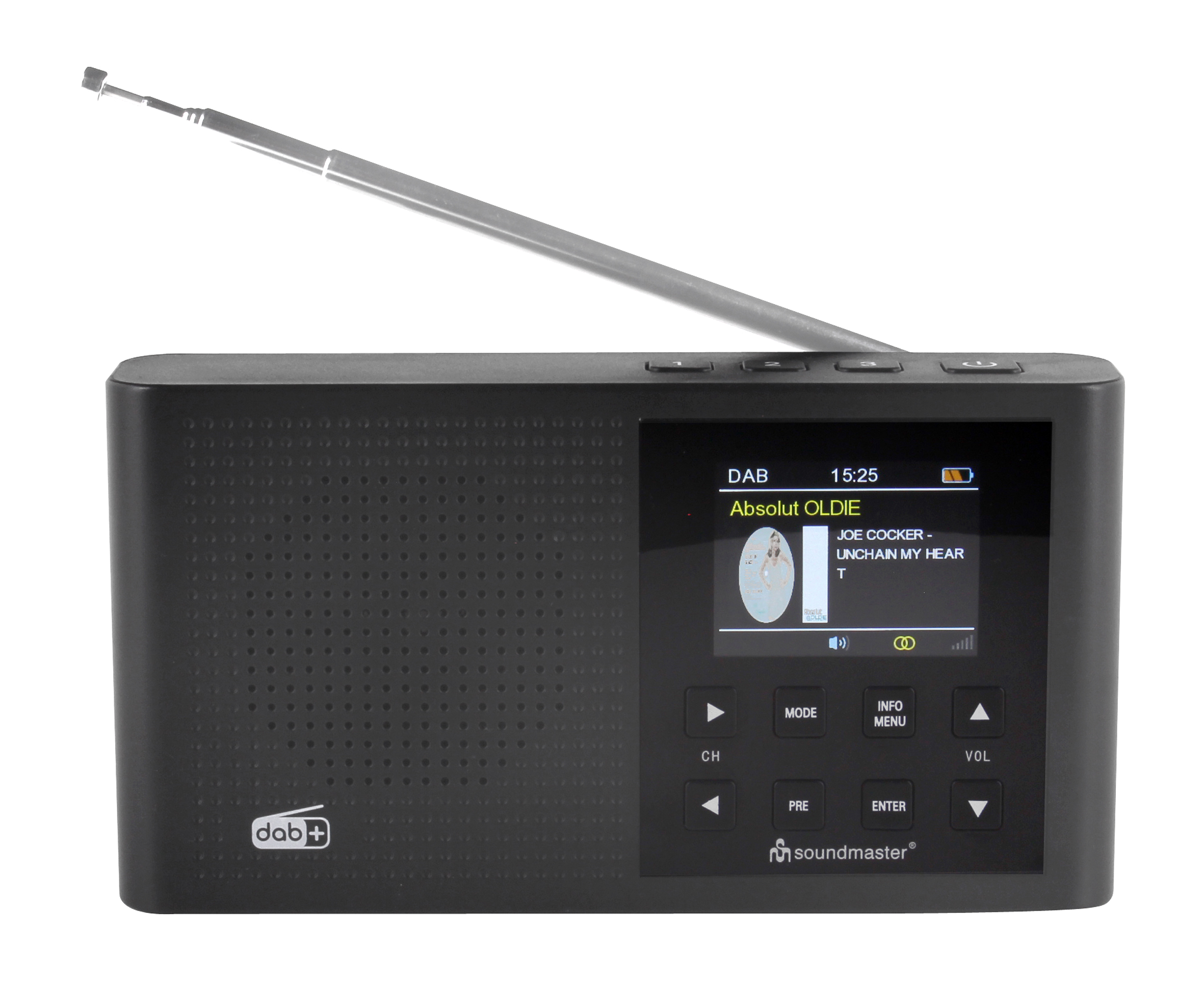DAB+/ FM radio with rechargeable Li-Ion battery, preset buttons