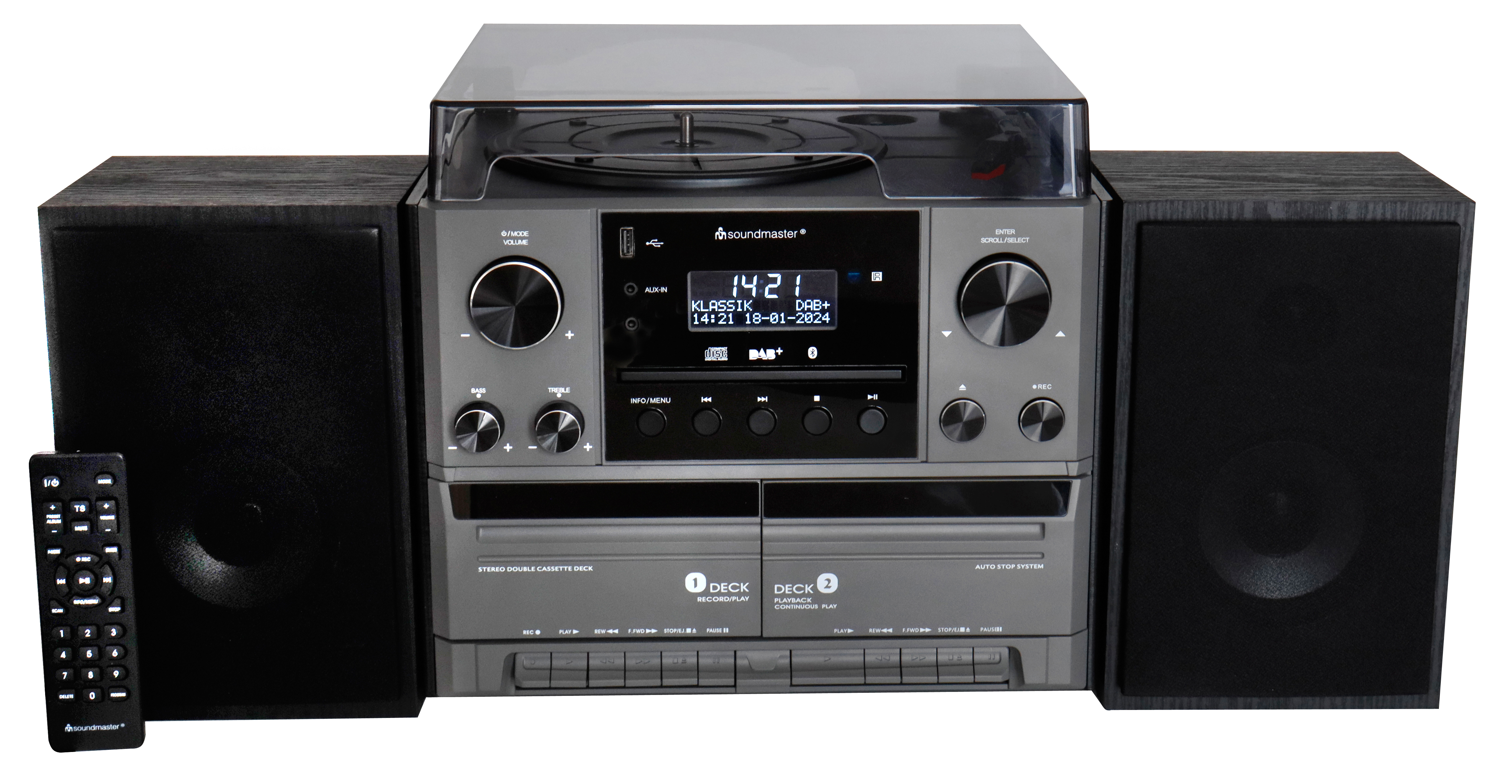 Stereo music centre with DAB+/FM radio, CD/MP3, turntable, double cassette, USB, Bluetooth®, encoding