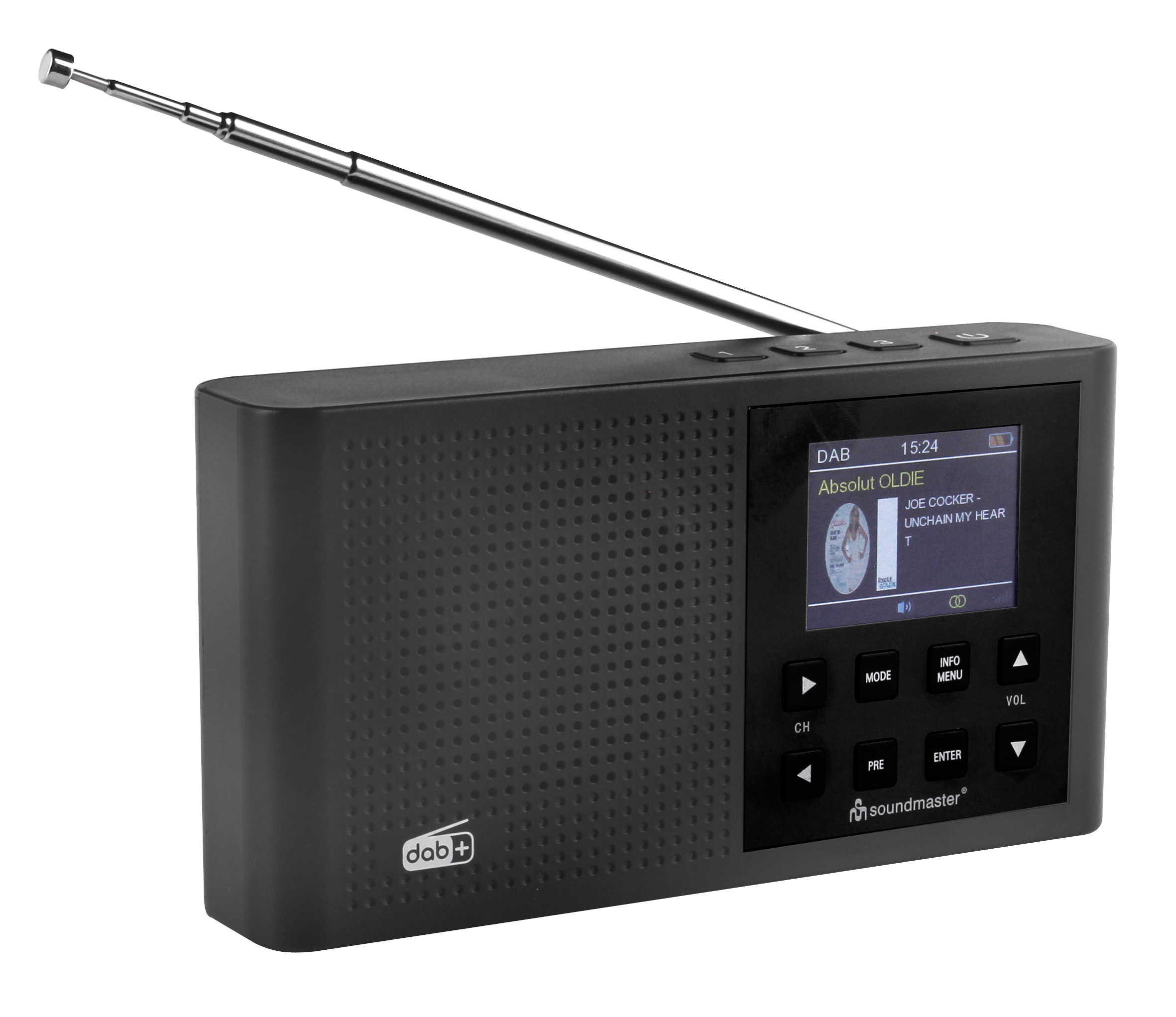 DAB+/ FM radio with rechargeable Li-Ion battery, preset buttons