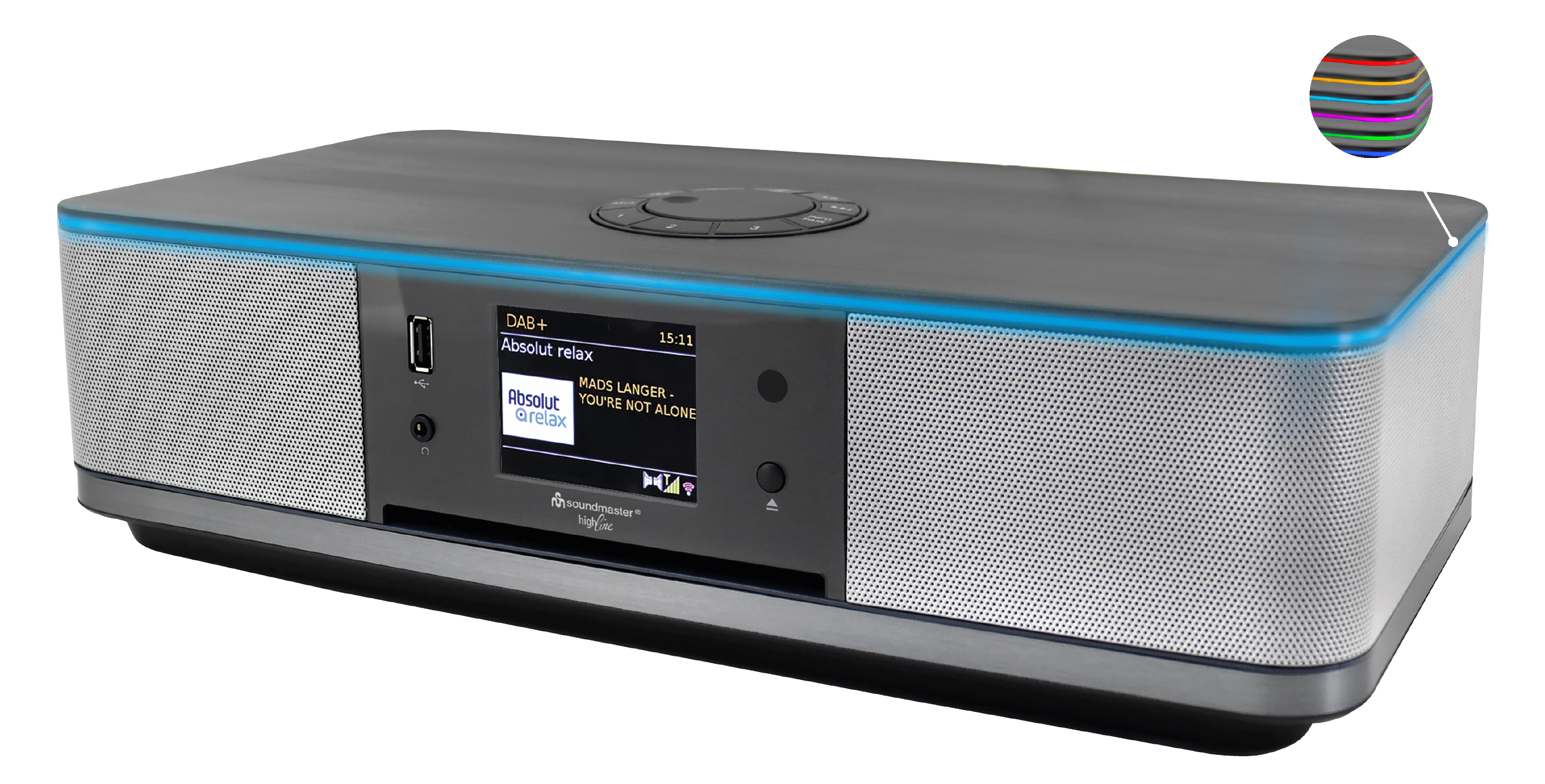 Stereo music centre with WLAN-internet/DAB+/FM-radio, CD/MP3, USB, Bluetooth®, LED ambient lighting, APP control