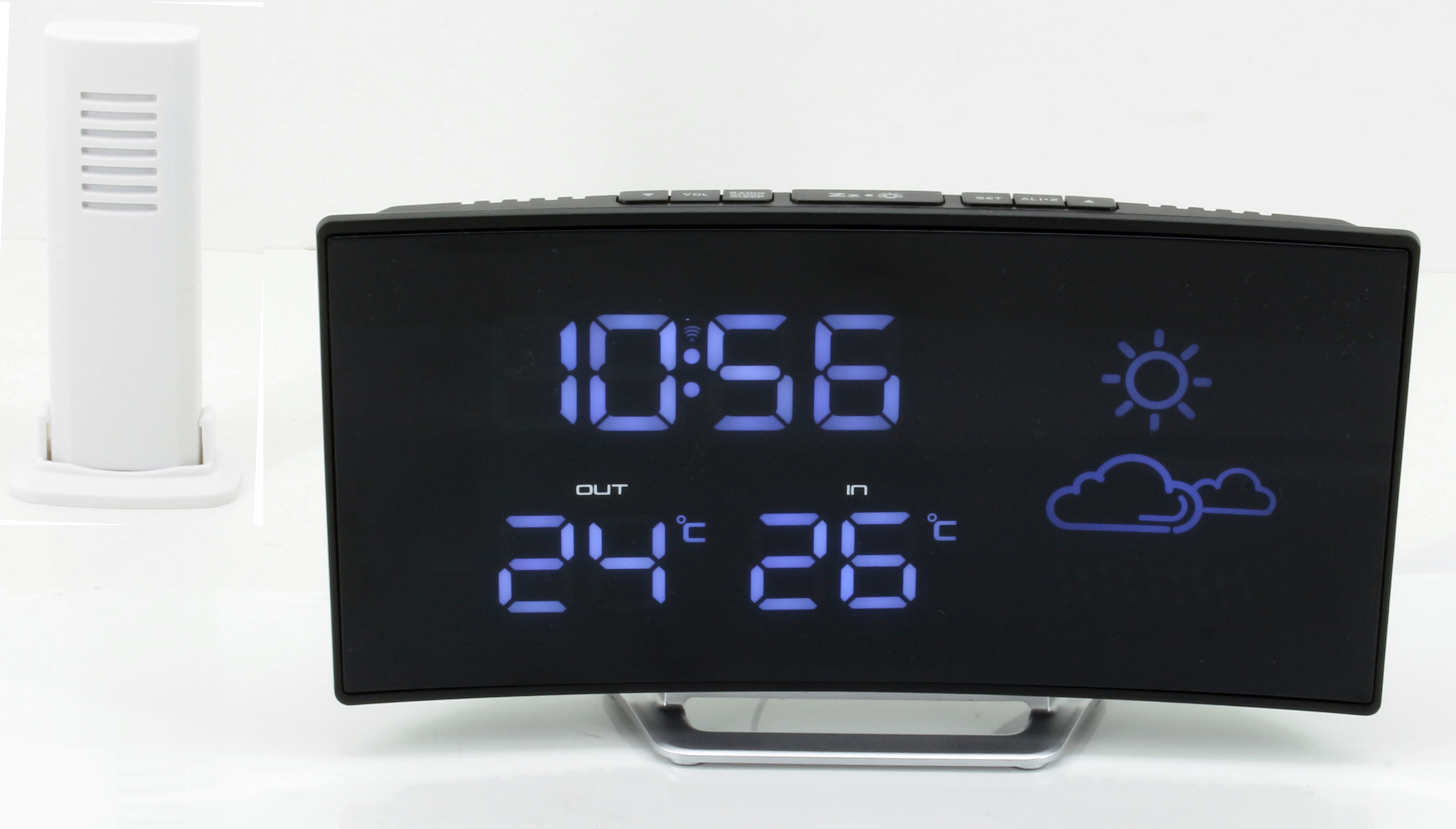 Radio controlled FM clock radio with weather forecast and wireless outdoor sensor