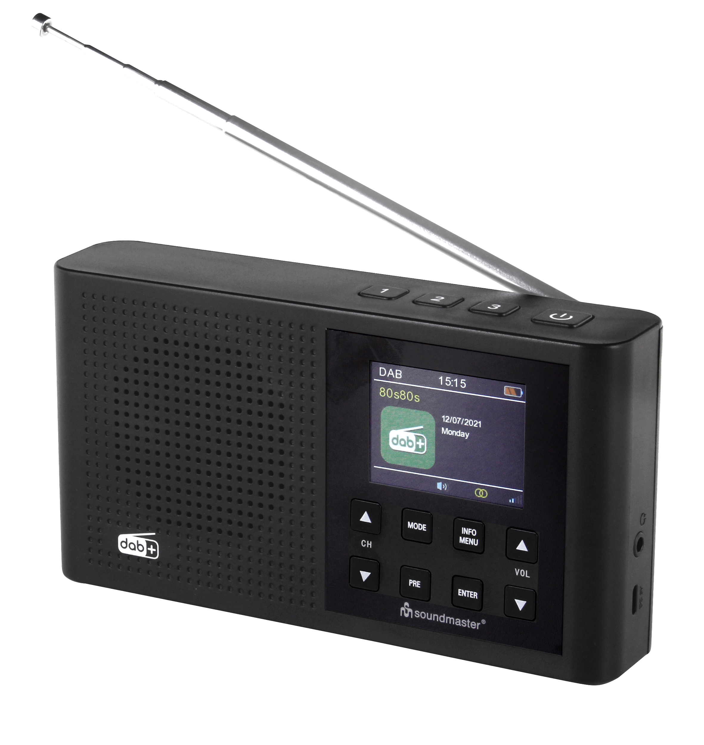 DAB+/ FM radio with rechargeable Li-Ion battery, preset buttons