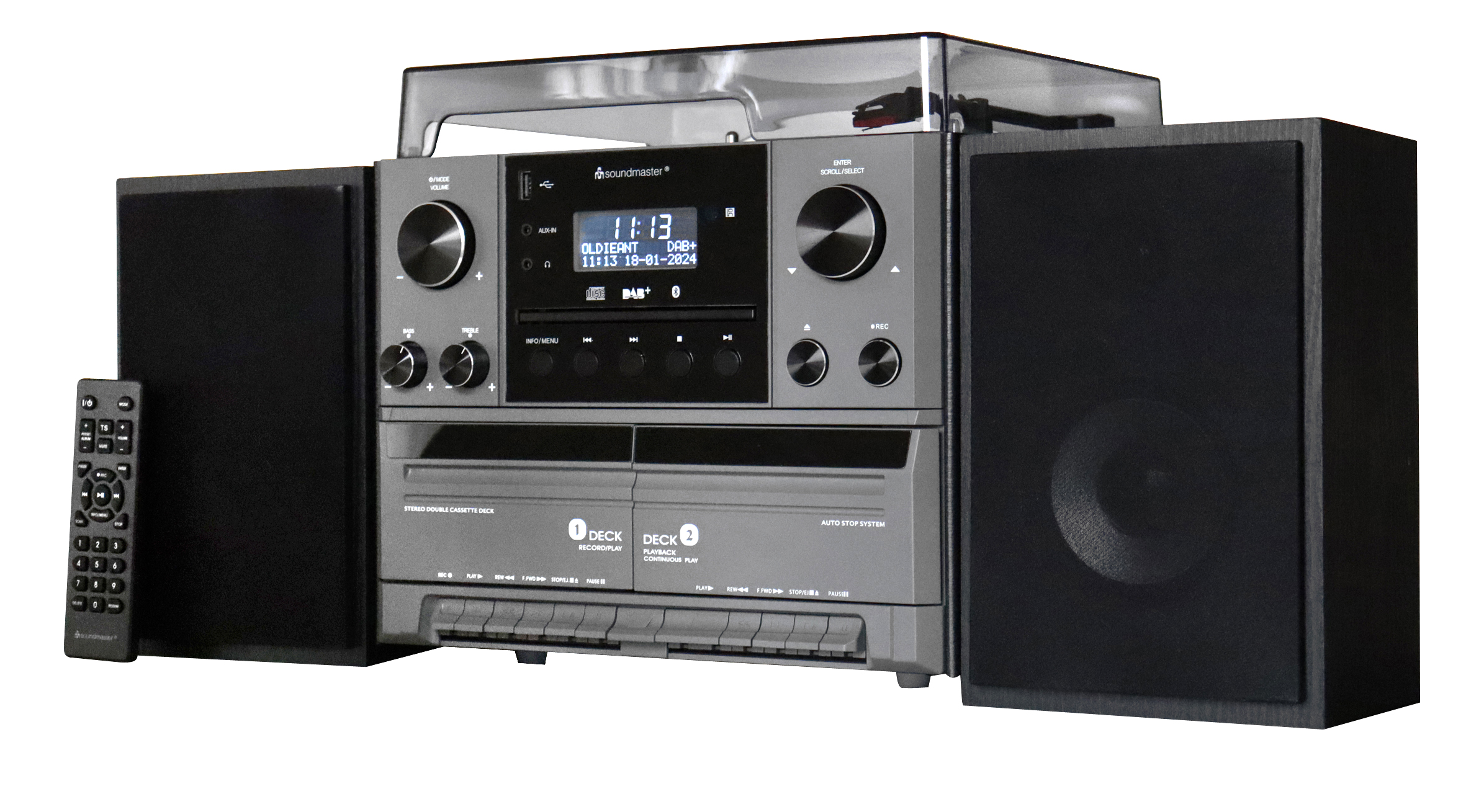 Stereo music centre with DAB+/FM radio, CD/MP3, turntable, double cassette, USB, Bluetooth®, encoding