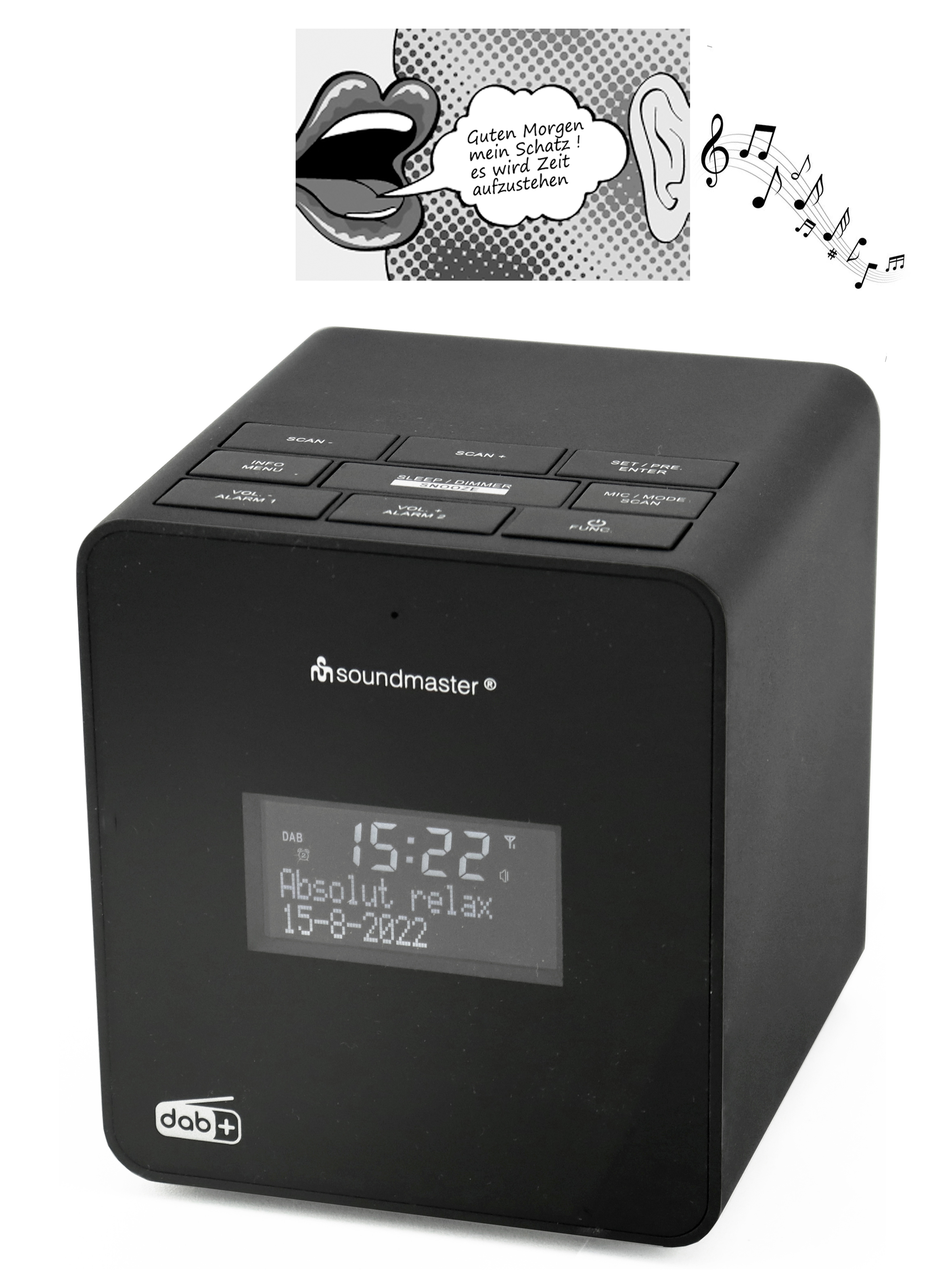 DAB+/FM clock radio with record function for individual wake-up calls