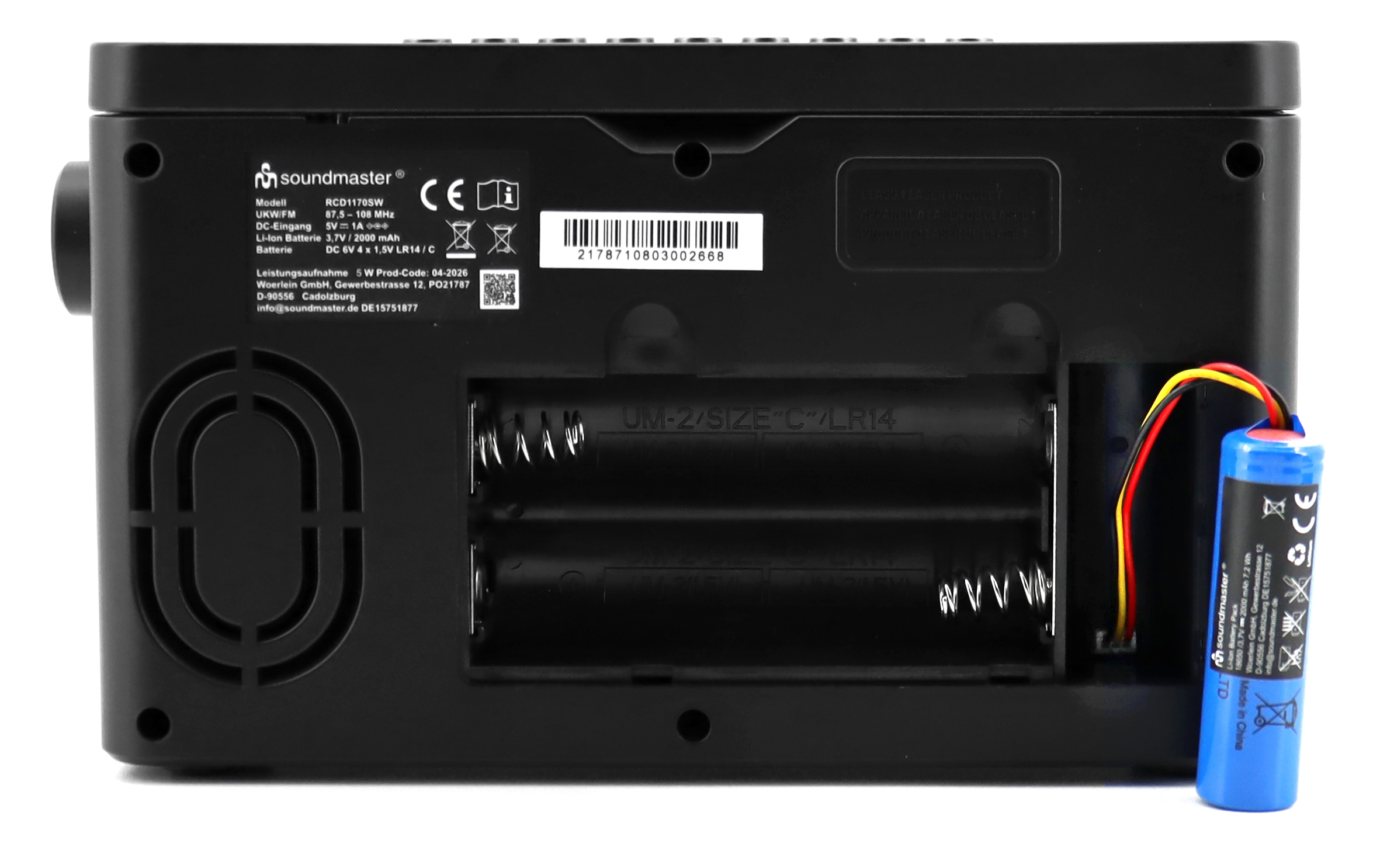 FM radio with CD/MP3, USB, Bluetooth®, Li-Ion battery