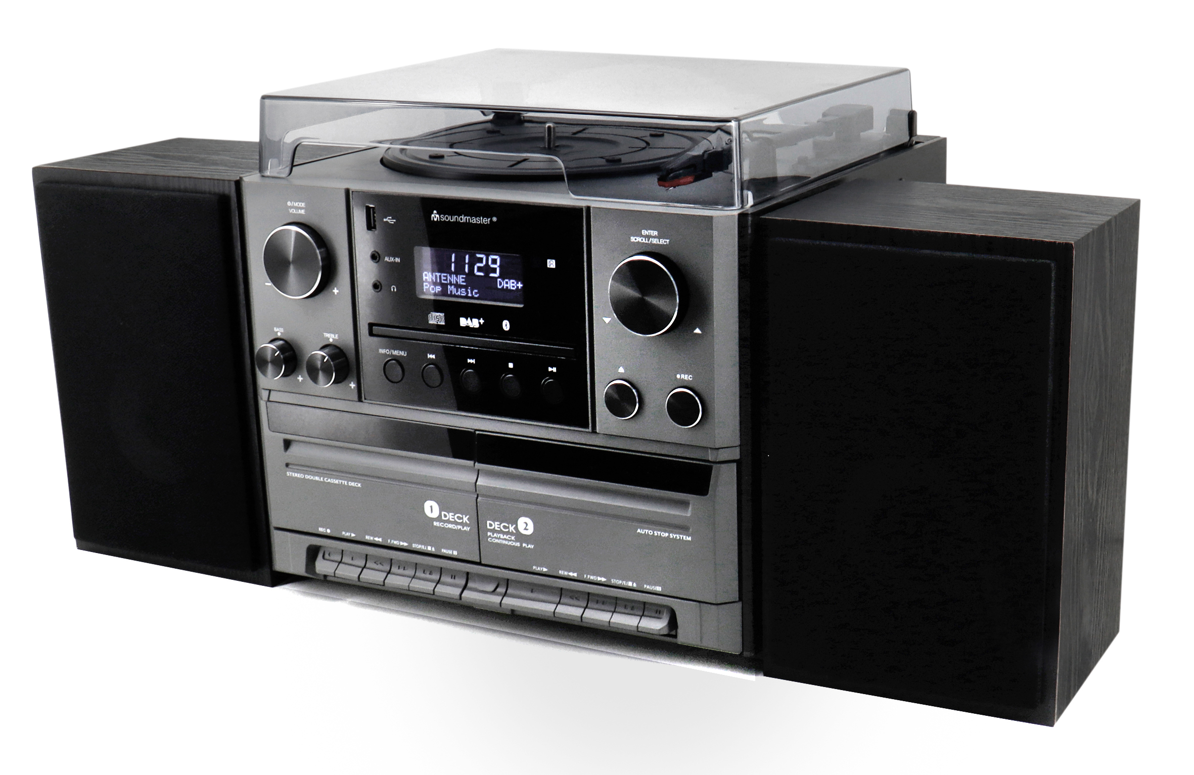 Stereo music centre with DAB+/FM radio, CD/MP3, turntable, double cassette, USB, Bluetooth®, encoding