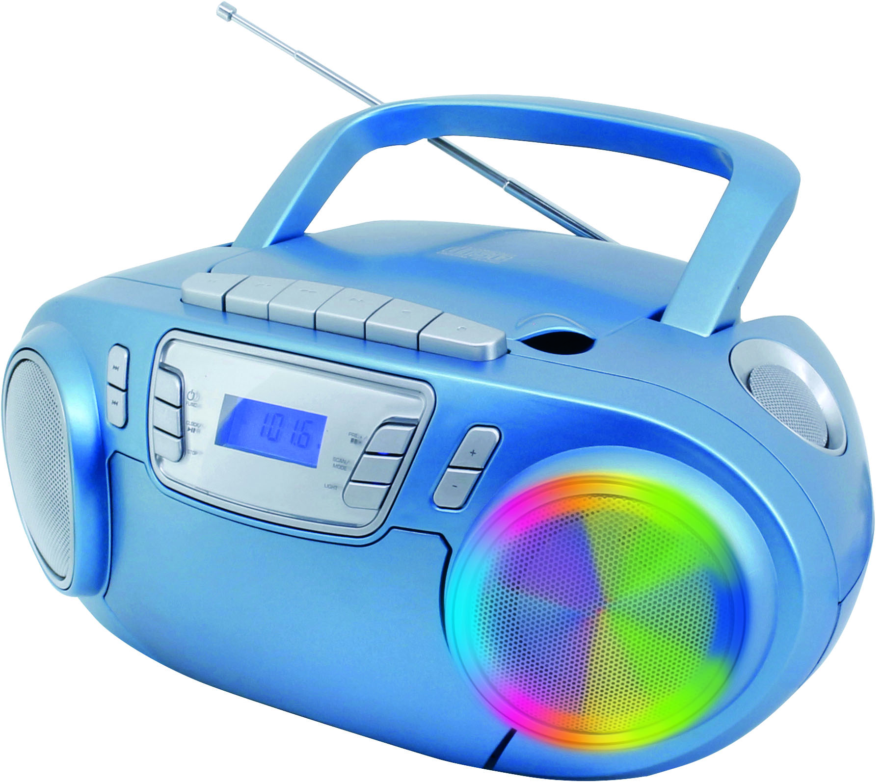 CD/MP3 Boombox with cassette recorder, FM-PLL radio, USB, light effects, sing-a-long function