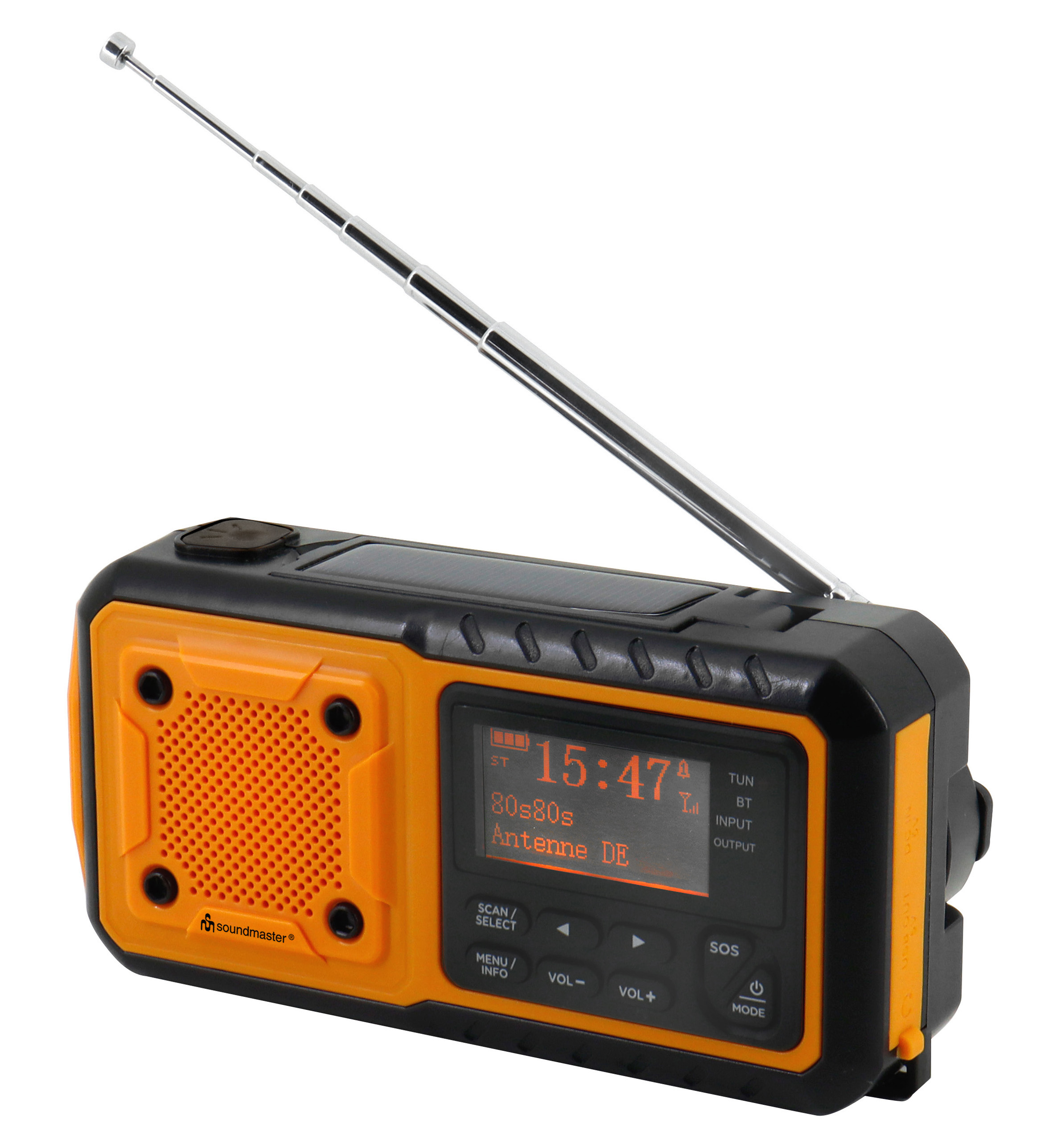 with DAB+/UKW solar Bluetooth® panel/dynamo, built-in lights radio and battery, LED Li-Ion digital emergency