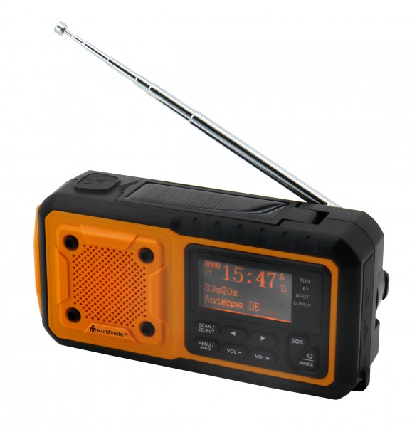 DAB+/UKW emergency digital radio with built-in Li-Ion battery, solar panel/dynamo, LED lights and Bluetooth®